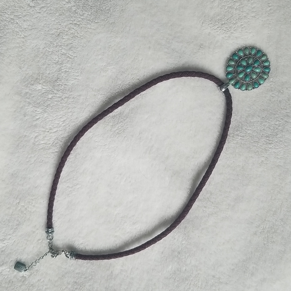 Chaps brown cord & turquoise color bead medallion necklace.  Cord Is 171/2 "